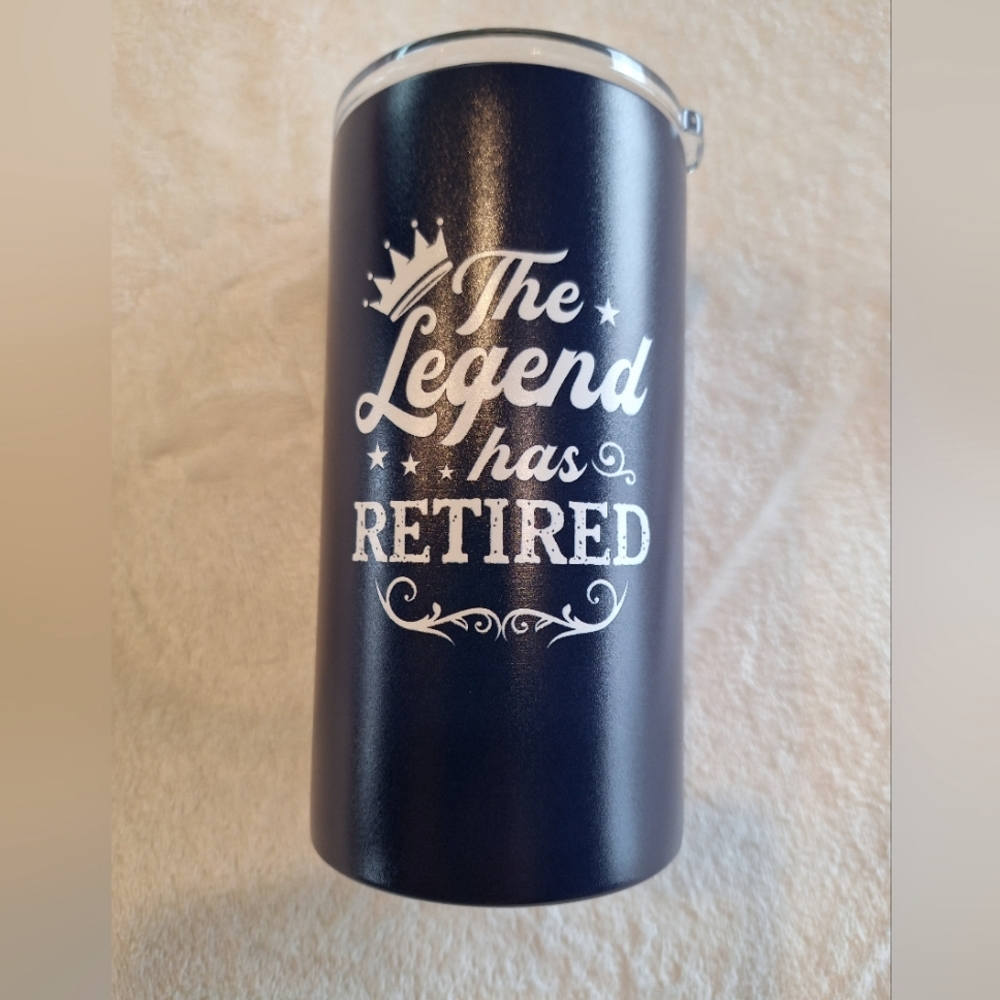 NIB - "The Legend Has Retired" - Insulated Coffee Tumbler Cup with Sliding Lid